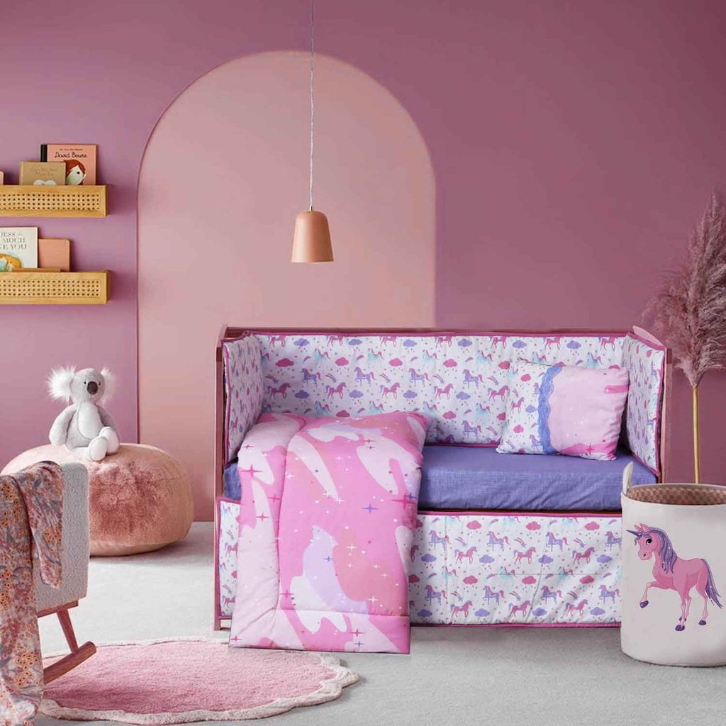 pink unicorns baby cot set