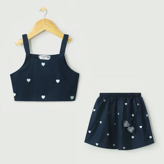Navy Heart Embroidered Top With Lehnga