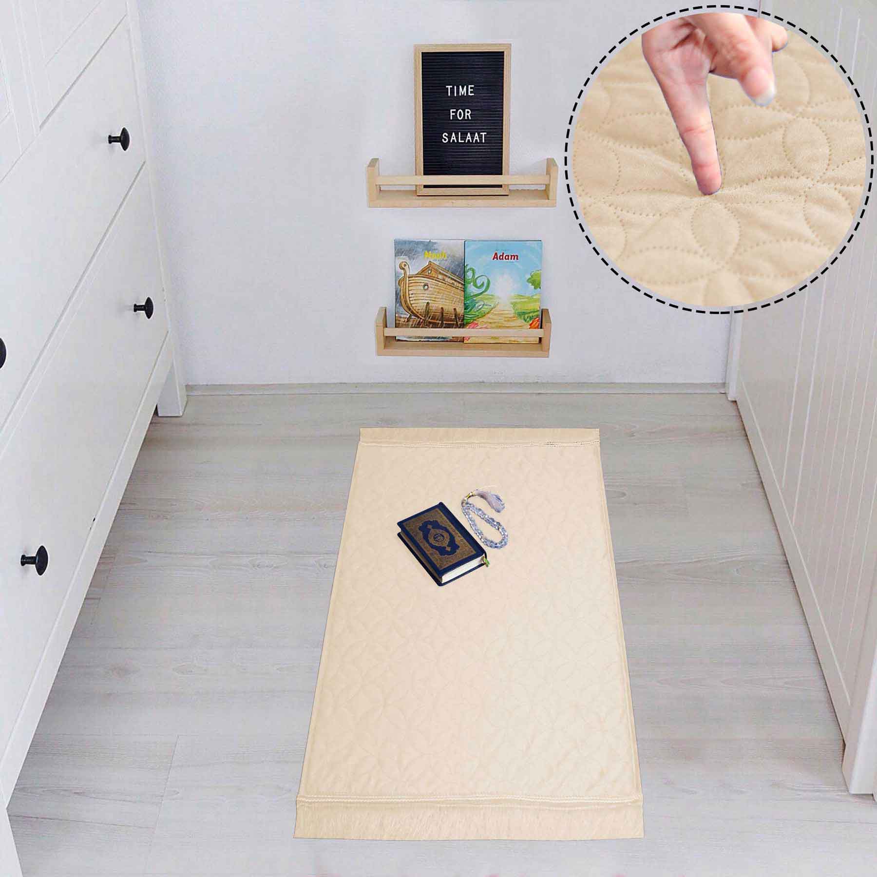 luxury velvet embossed kids prayer mat beige