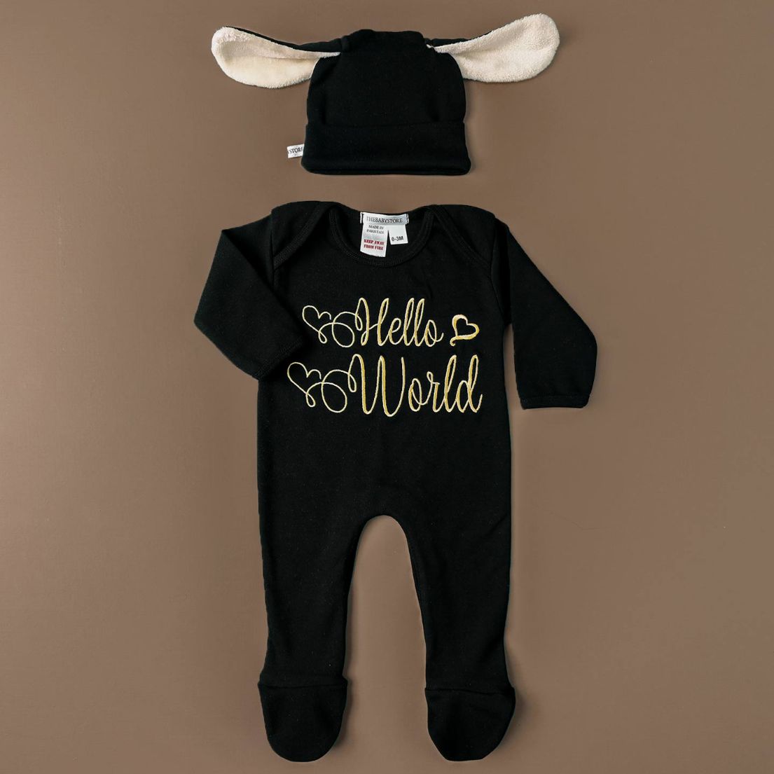 hello world embroidered romper set