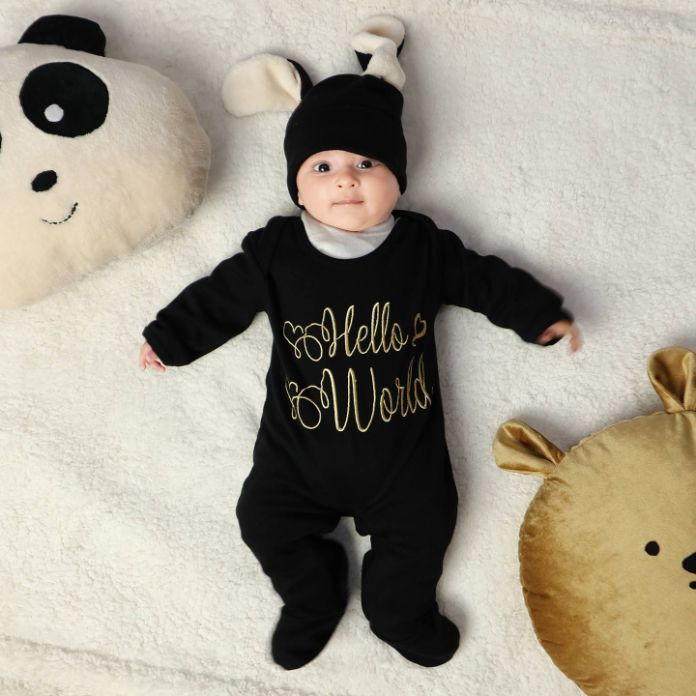 hello world embroidered romper set