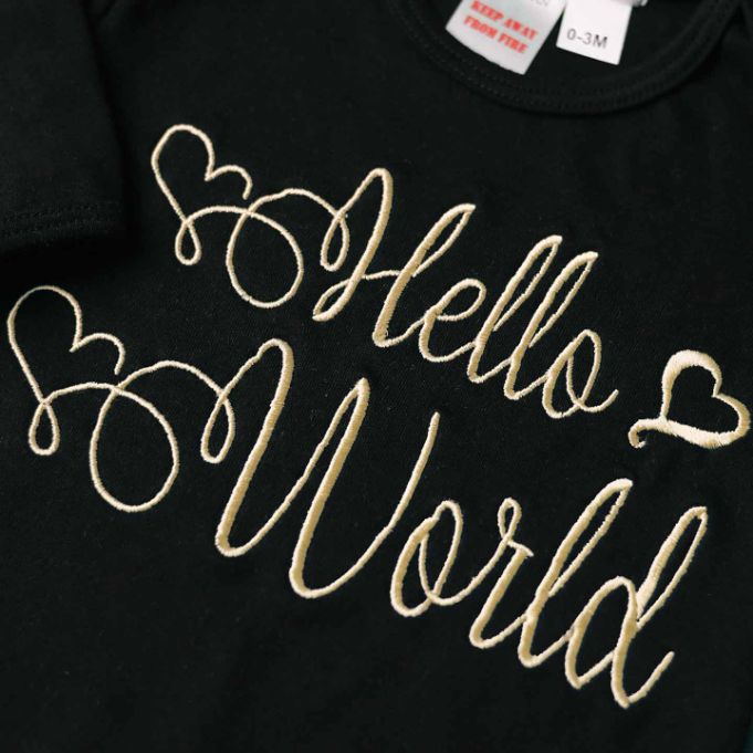hello world embroidered romper set