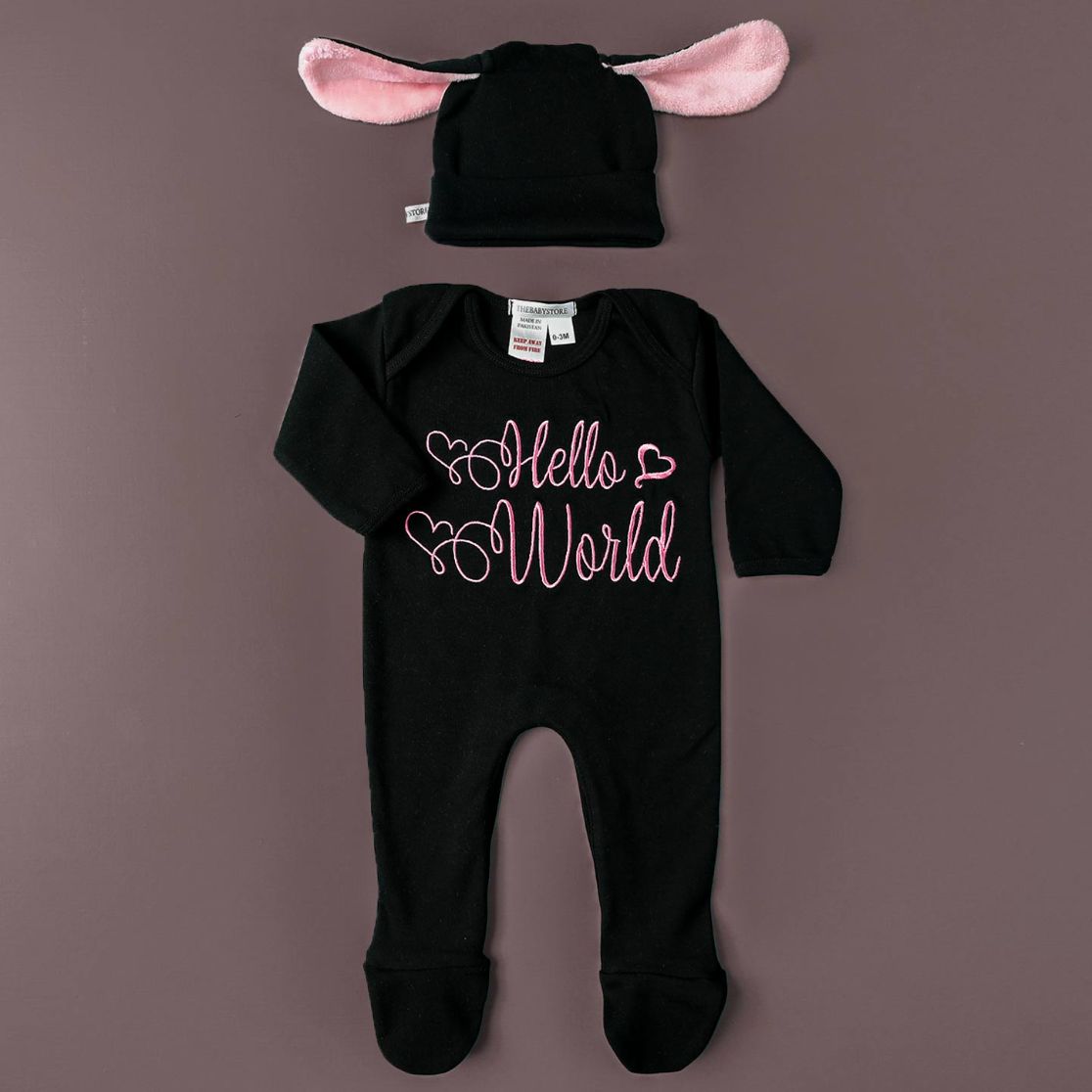 hello world embroidered romper set