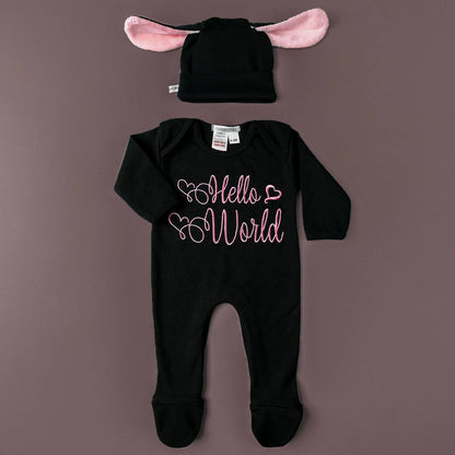 hello world embroidered romper set