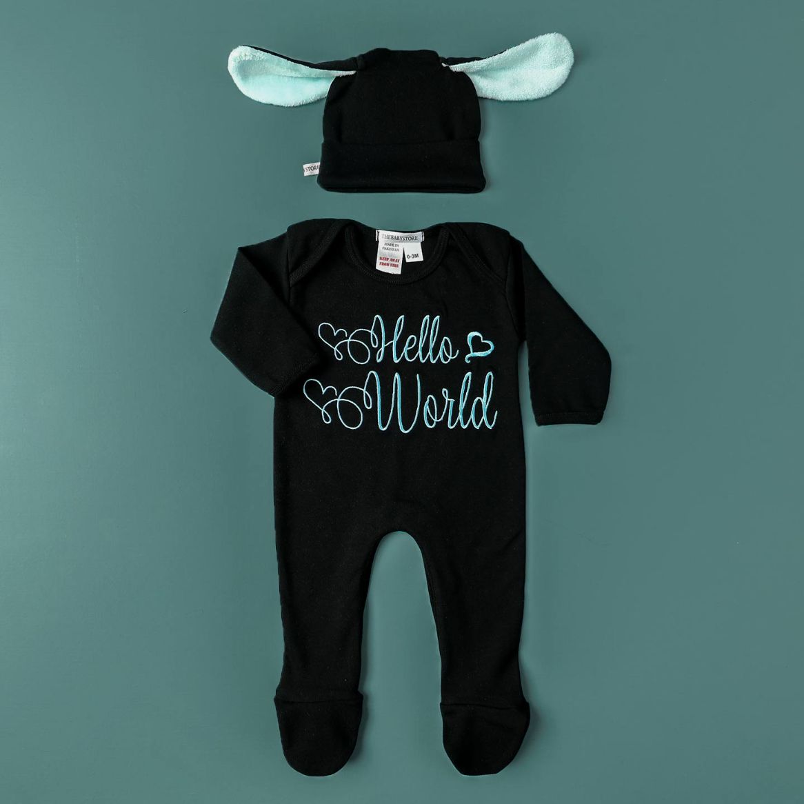 hello world embroidered romper set