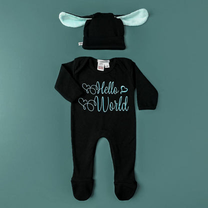 hello world embroidered romper set