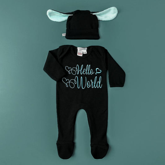 hello world embroidered romper set