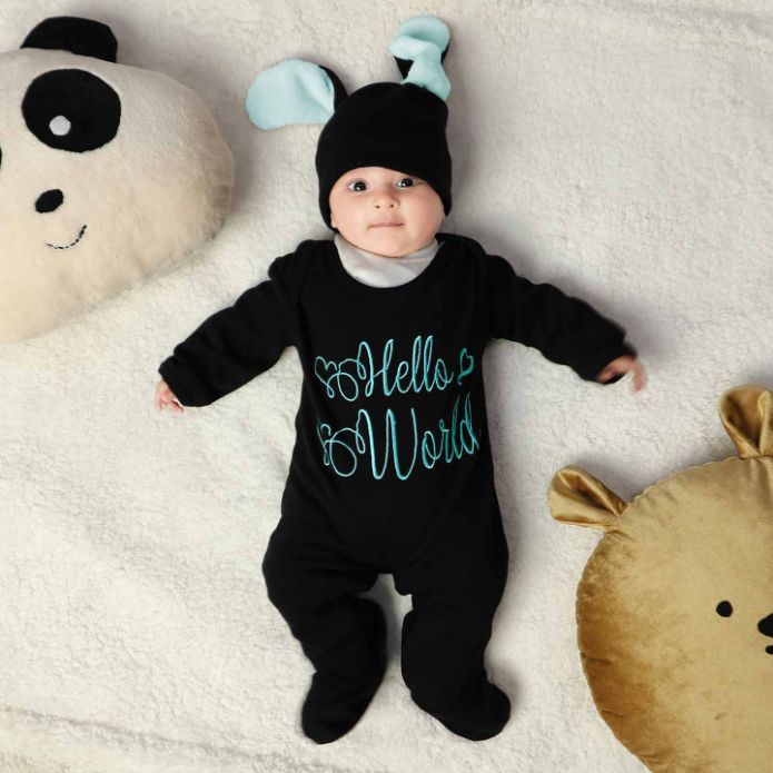 hello world embroidered romper set