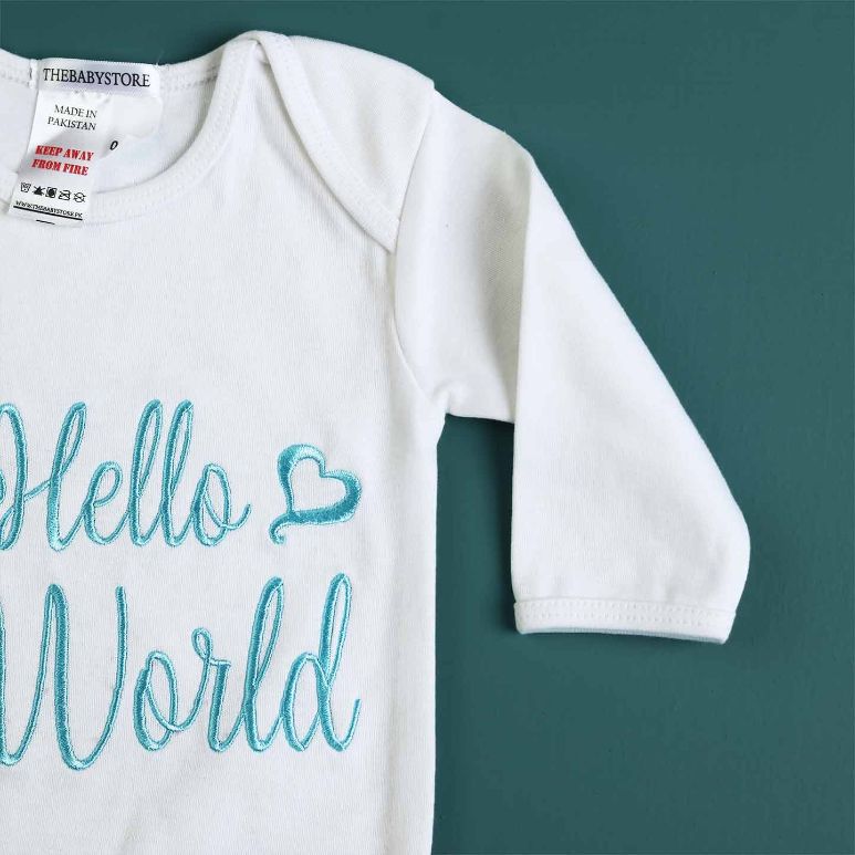 hello world embroidered romper set