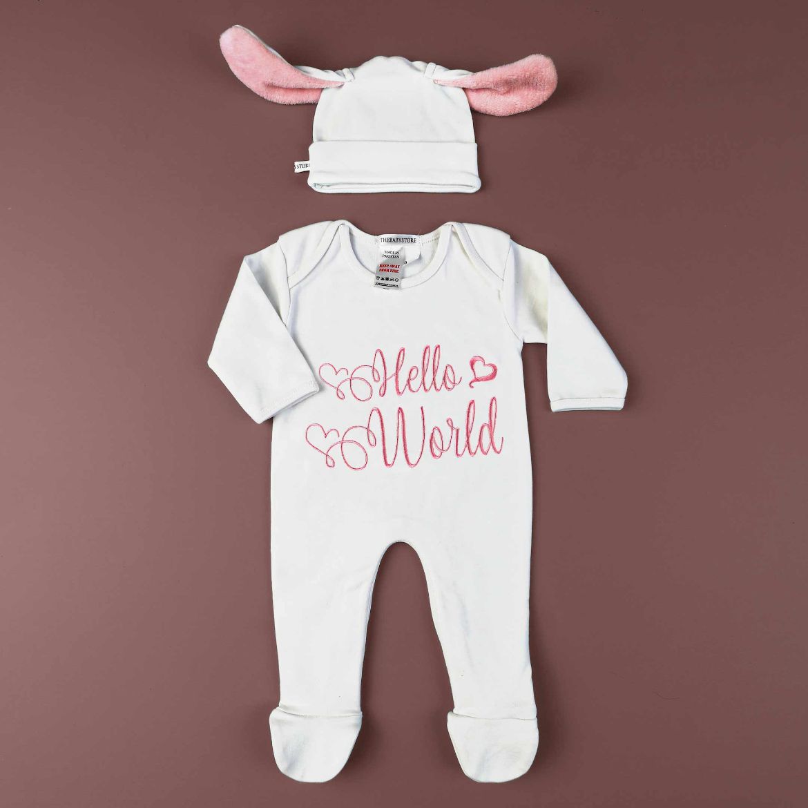 hello world embroidered romper set
