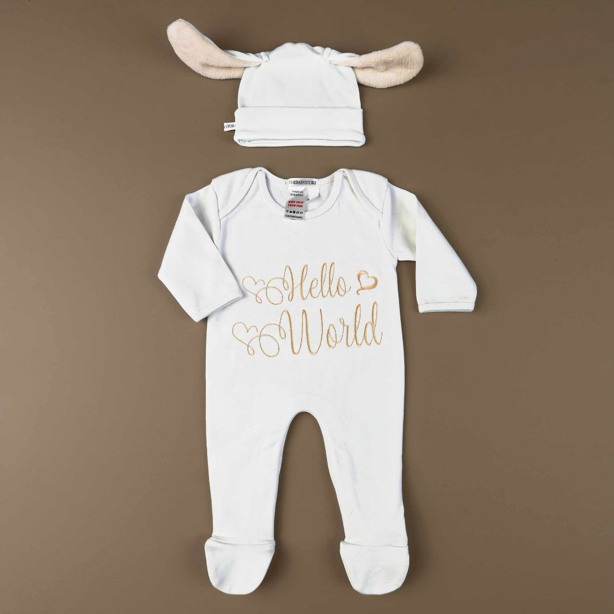 hello world embroidered romper set