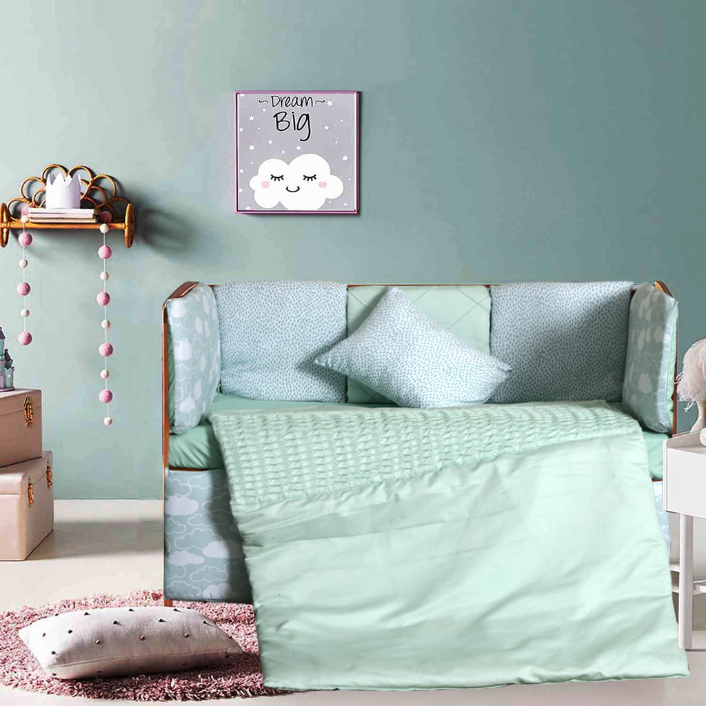 mint clouds pleated baby cot set