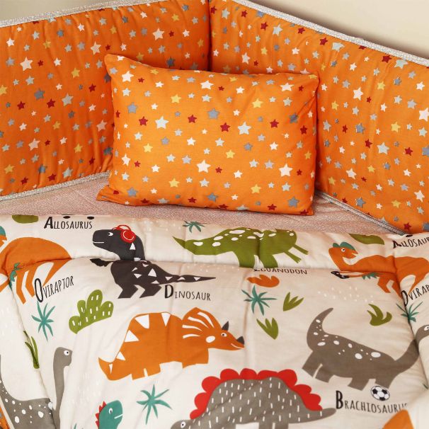 orange dino baby cot set
