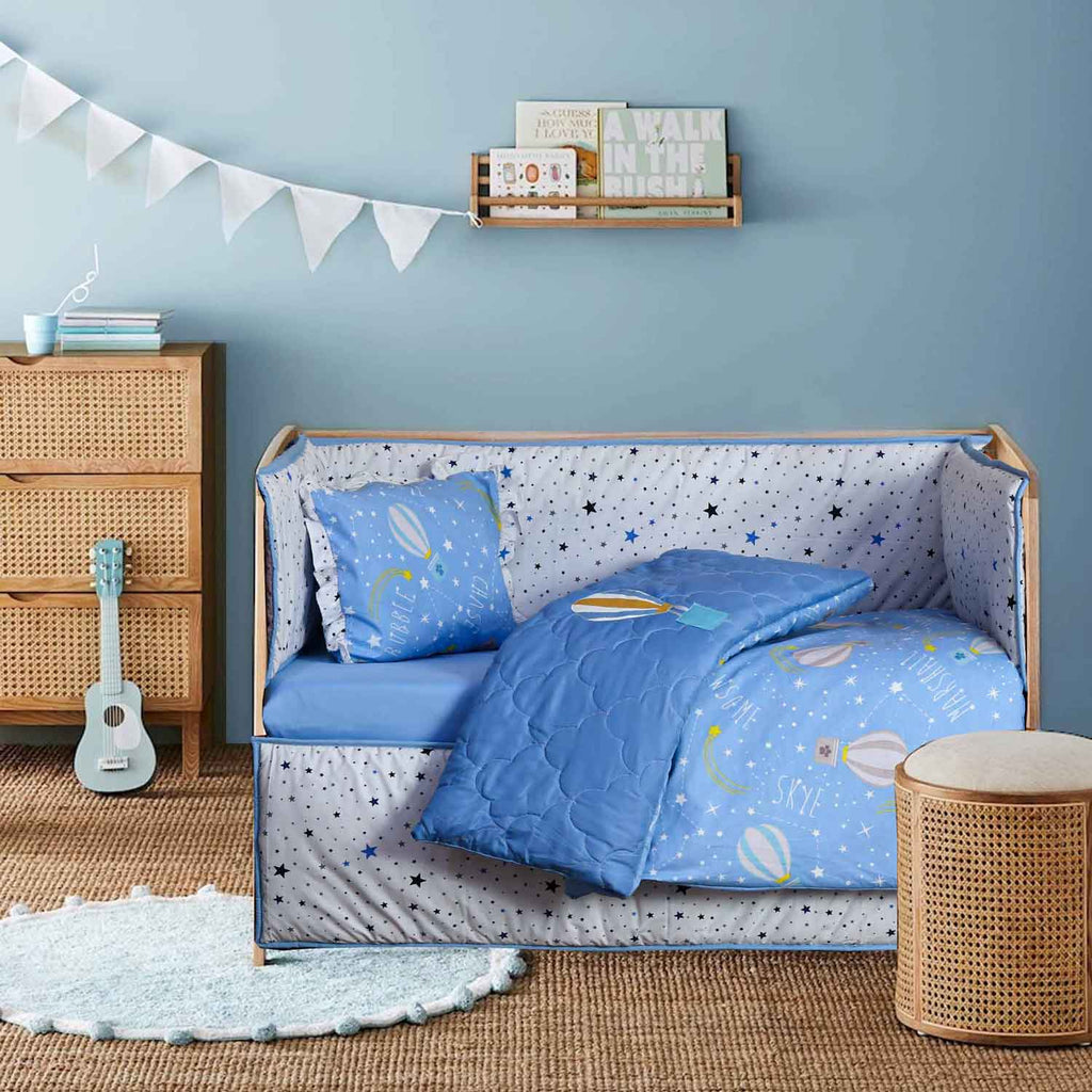 blue hot air balloon baby cot set