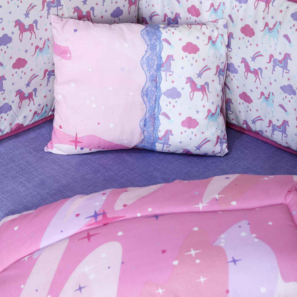 pink unicorns baby cot set
