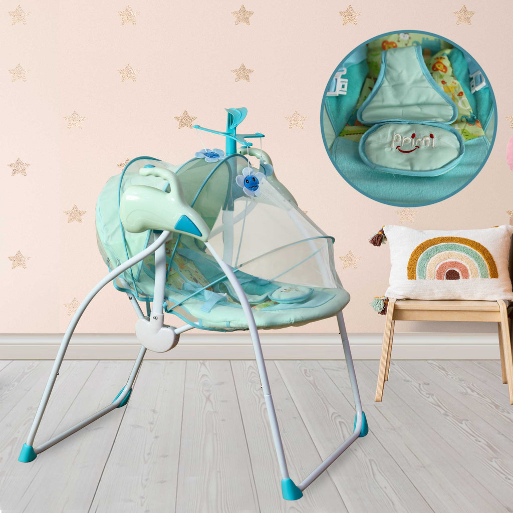 baby blue interactive mosquito net vibrating chair