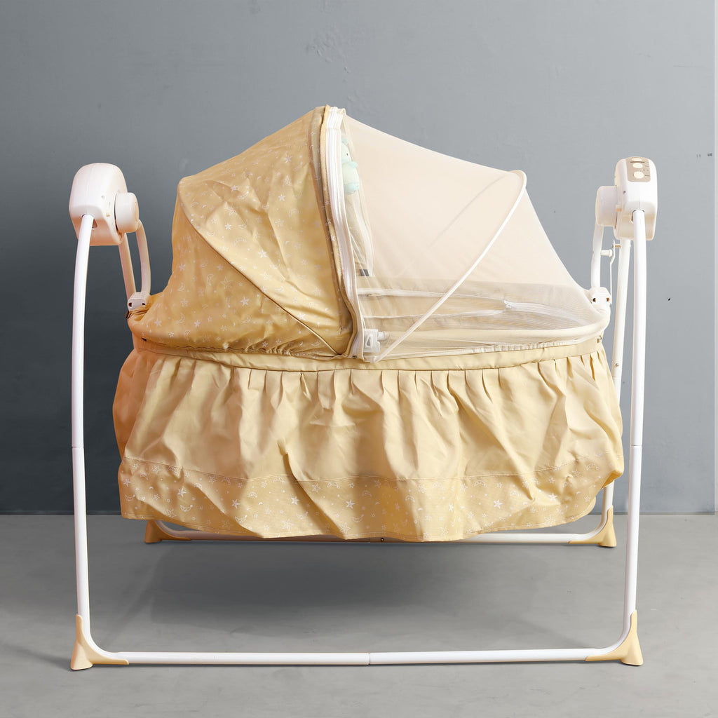 beige mosquito net vibrating rocking chair with toys