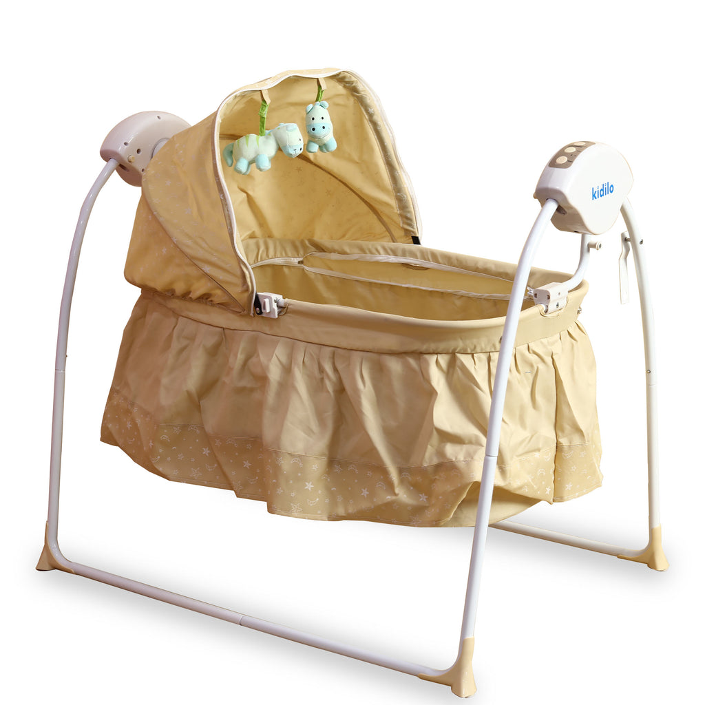 beige mosquito net vibrating rocking chair with toys