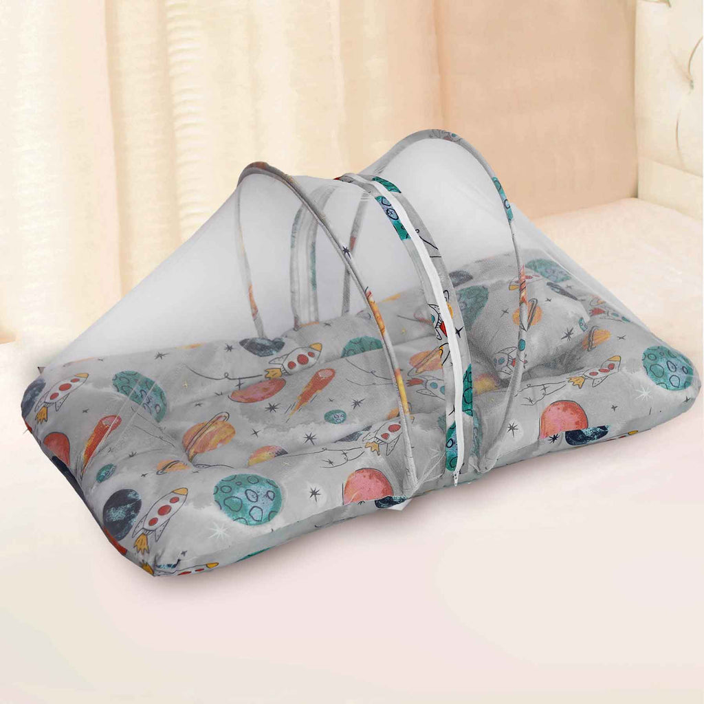 grey space mosquito net bed